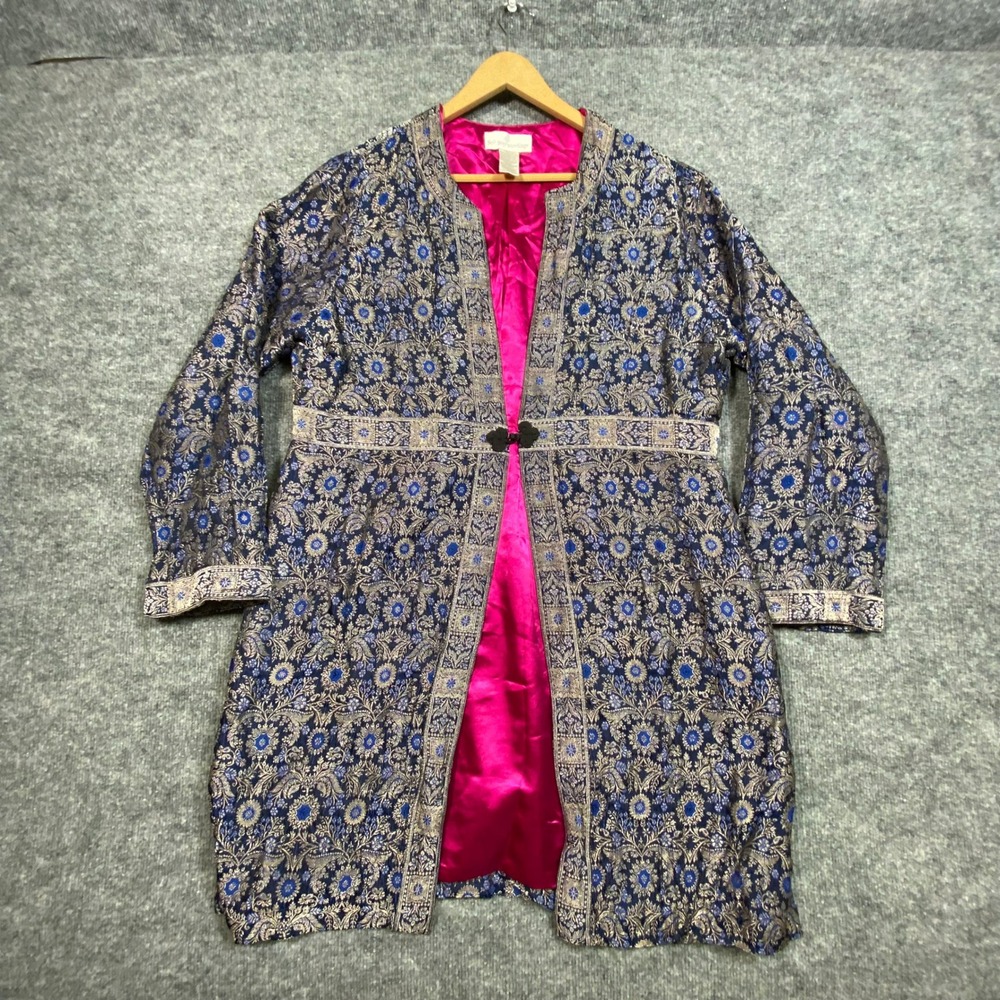 Soft Surroundings XL Blue Metallic Floral Brocade Topper Jacket Pink Lining
